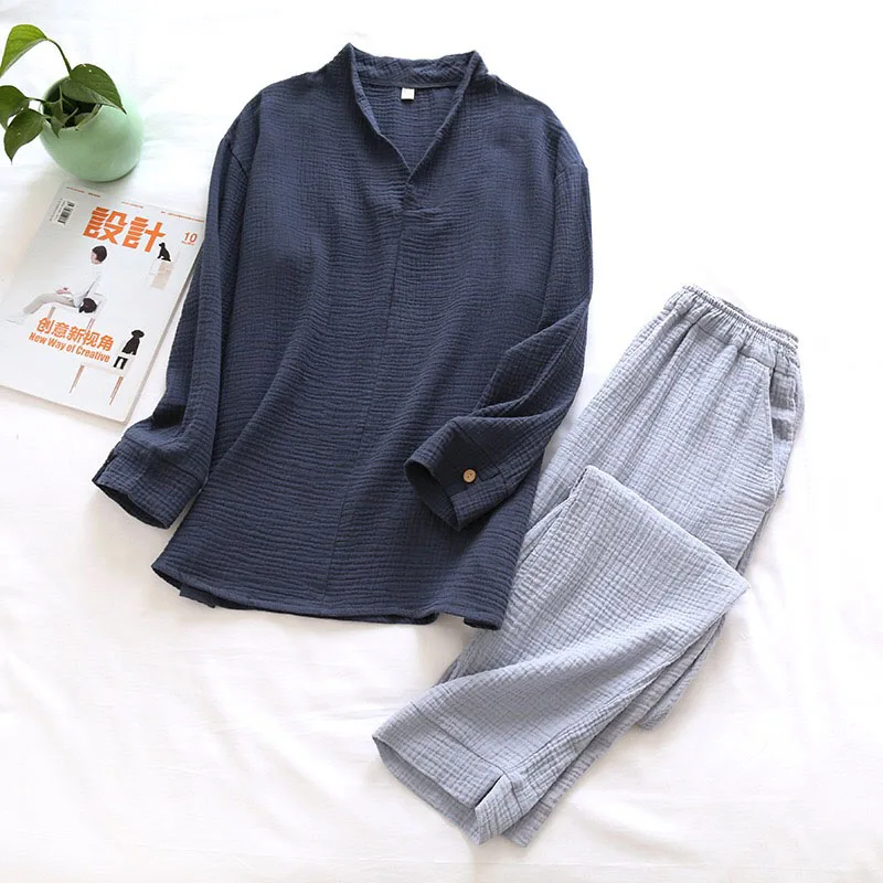 

Autumn And Winter Men's Soft Solid Color Pajamas Set 100% Gauze Cotton Top+Pants 2PCS Sleepwear Loose Full Sleeve+Pants Homewear