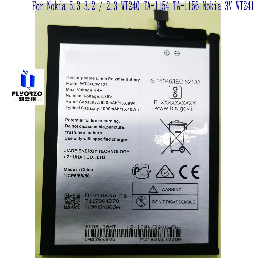 

3.85V Brand new spot 4000mAh WT240/WT241 battery For Nokia 5.3 3.2 / 2.3 WT240 TA-1154 TA-1156 Nokia 3V WT241 Mobile Phone