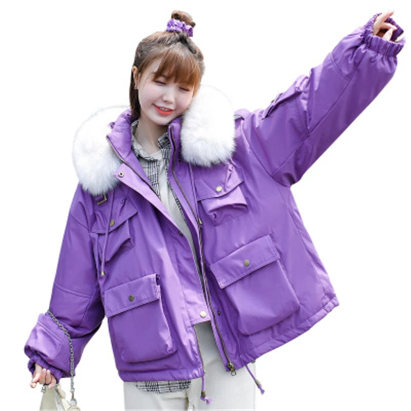 New Women's Down Coat Winter White Duck Down Coat Loose Oversize Big Fur Collar Tooling Women Coat Fashion Girls Jacket N415