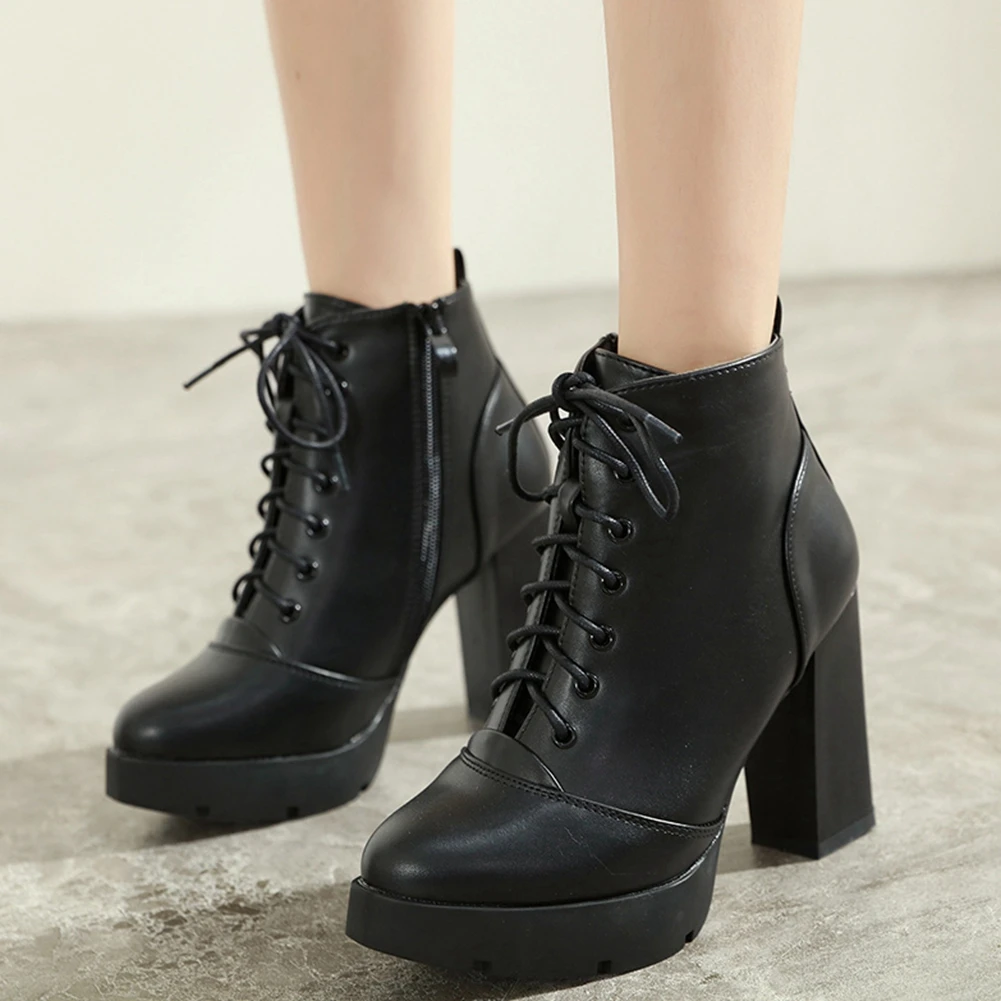 

DoraTasia New Fashion Ladies Thick High Heels Ankle Boots Platform Zip Cross Tied Women Boots 2020 Office Casual Shoes Woman