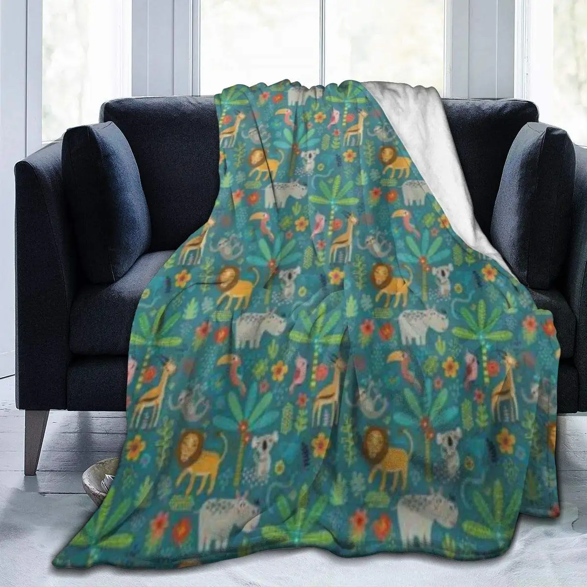 

Throw Blanket for Kids Teens Adults Warm African Animals Hippo Parrot Koala and Deer Tropical Plants Flowers Microfiber All