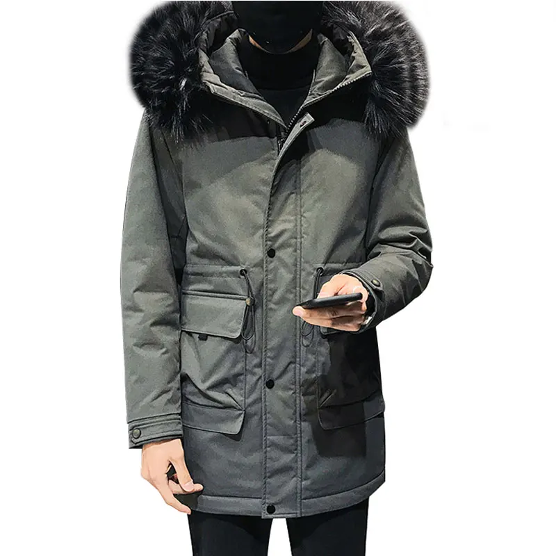 Мужская зимняя куртка с капюшоном черная теплая парка средней длины меховым