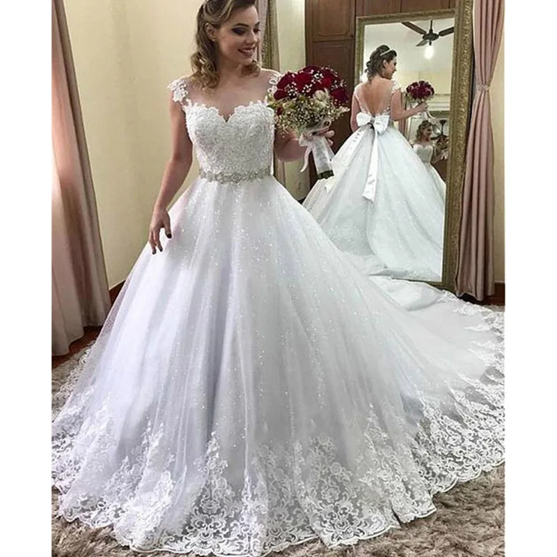 

E JUE SHUNG White Lace Appliques Shinny Ball Gown Luxury Wedding Dresses Crystal Sash Backless Bridal Gowns Robe De Mariee