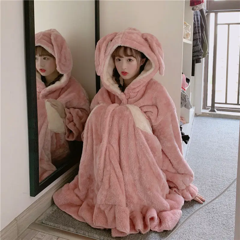 SOUGEN Women's Home Clothes Flannel Sleepwear Rabbit Ears Hooded Lounge Ruffle Hem Women Nightgown Pink Pajamas Winter Thick | Женская
