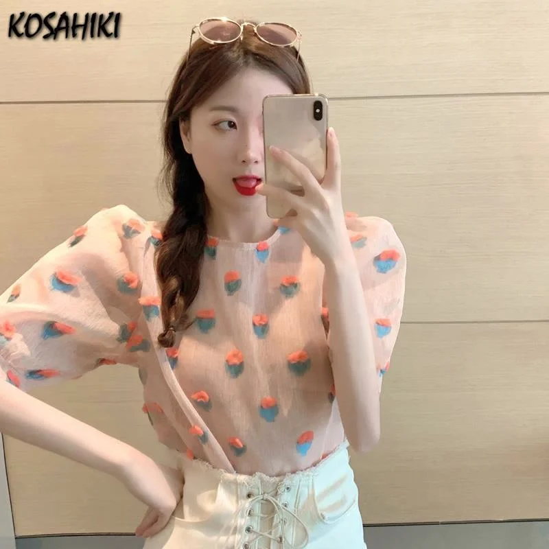 

KOSAHIKI SWEET Women Tops 2021 Spring Summer Puff Sleeve Floral Patch Korean Kawaii Blouses Slim Fashion Shirts Vintage