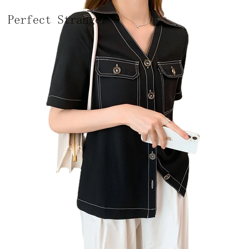 

2021 LeisureWomens Tops and Blouses Short Sleeve Shirts Women Polo Collar Chiffon Women's Blouse Vintage Top Female
