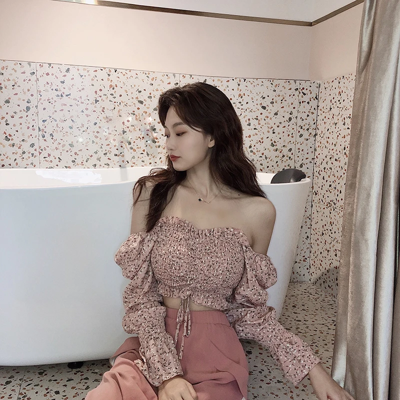 

HStar 2020 spring square collar floral shirts Women Clothing full chiffon flare sleeve Harajuku blouse female tops
