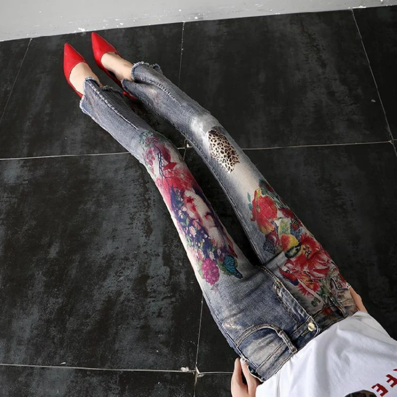

Women High Waist Flare Jeans Painted Bronzing Wide Leg Jeans Fashion Leopard Grils Flowers Print Ladies Plus Size Jeans Trousers