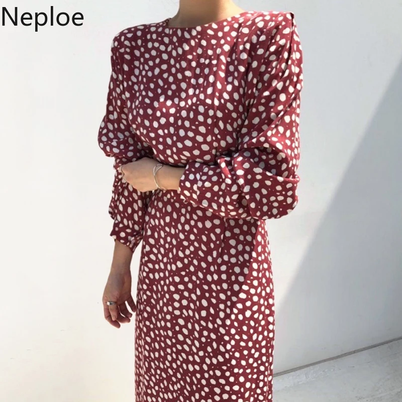 Женское облегающее платье в горошек Neploe корейское с высокой талией и принтом