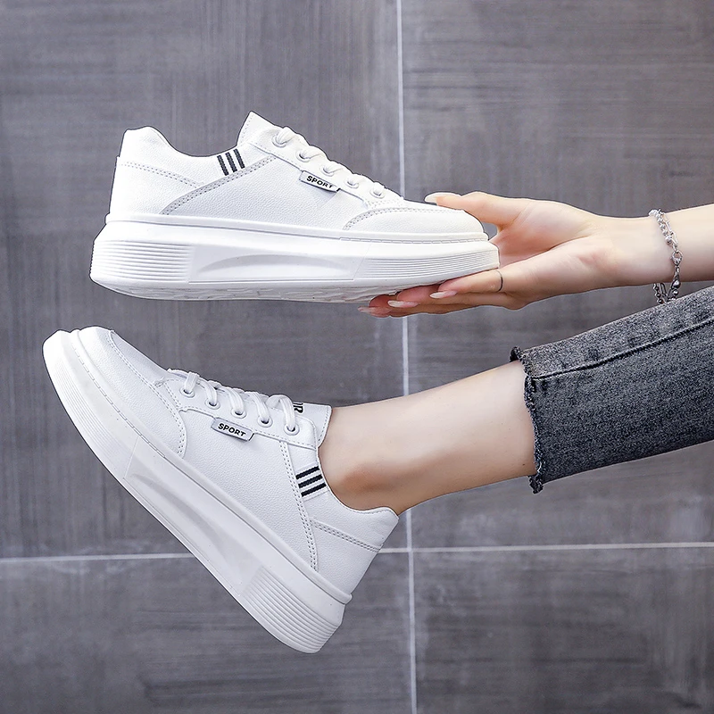 

Туфли женские на толстой подошве, повседневная спортивная обувь для скейтборда, на шнуровке, белые, 2021