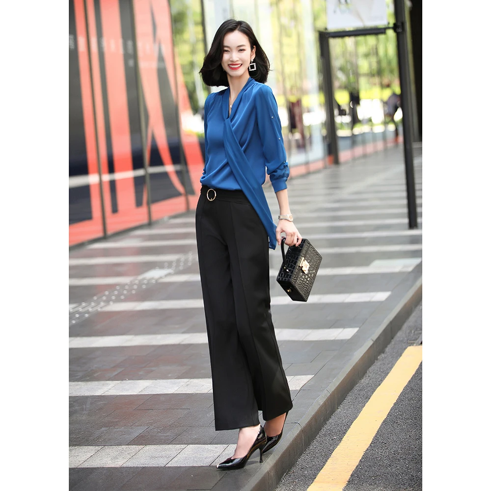 

New Autumn Elegant Polyester 100% Bow Neck Female Blouse Long Sleeve Office Lady Shirt Formal Tops Plus Size Clothing For Women