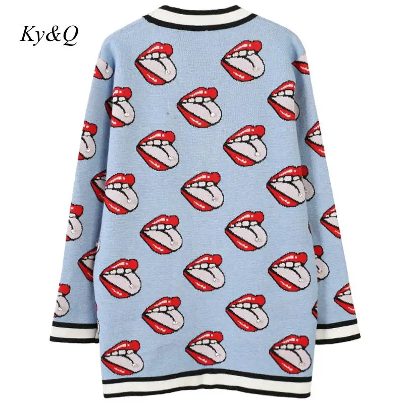 Brand Design 2019 Winter V-neck Long-sleeved Knitted Women Blue Cardigans Striped Lips Diamonds Embroidery Sweater Clothes Tide |