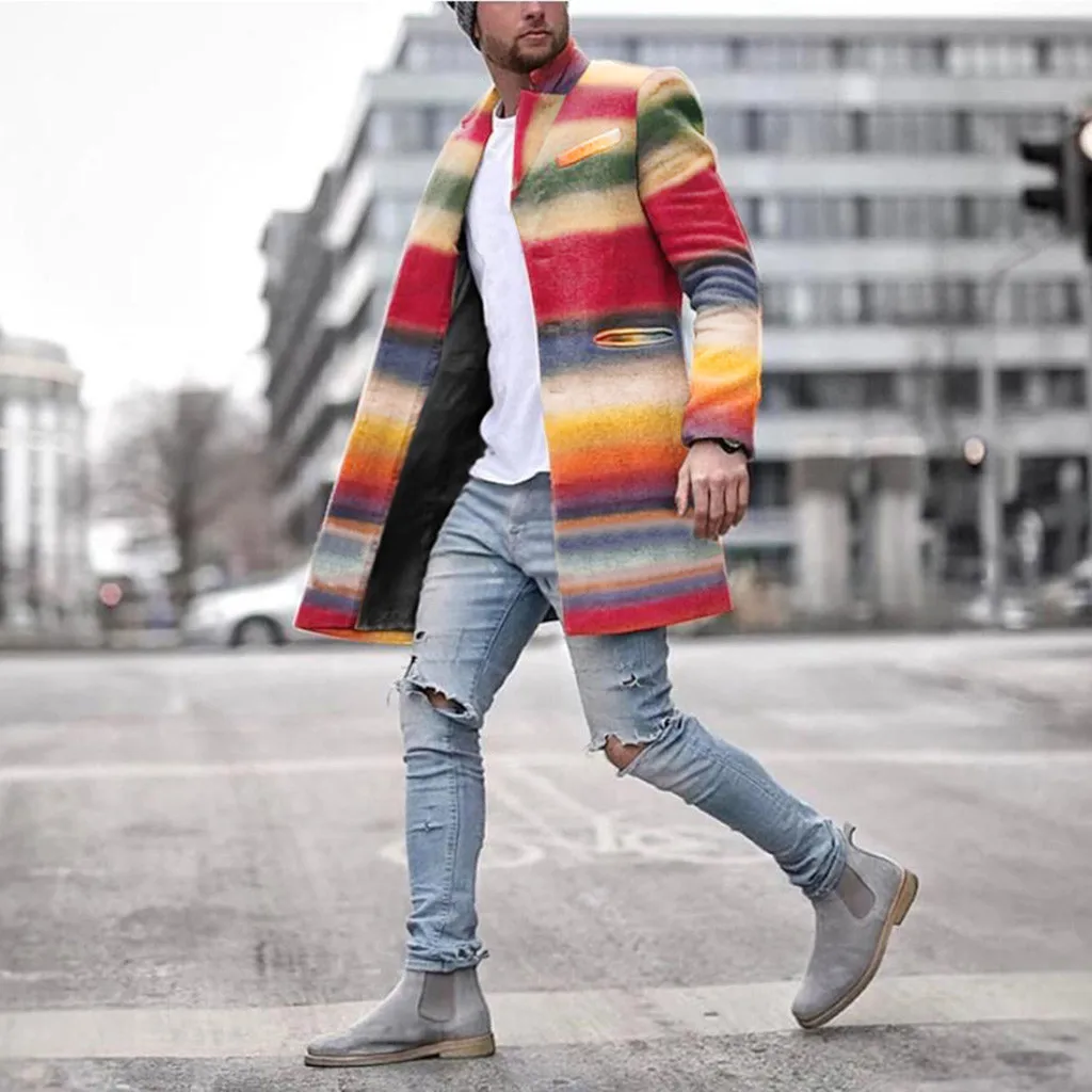 Новая мужская ветровка шерстяное пальто семь цветов радужные полосы Тонкий