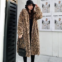 winter new fur coat women leopard hooded long over the knee coat imitation mink fur loose jacket lady leisure leopard print coat