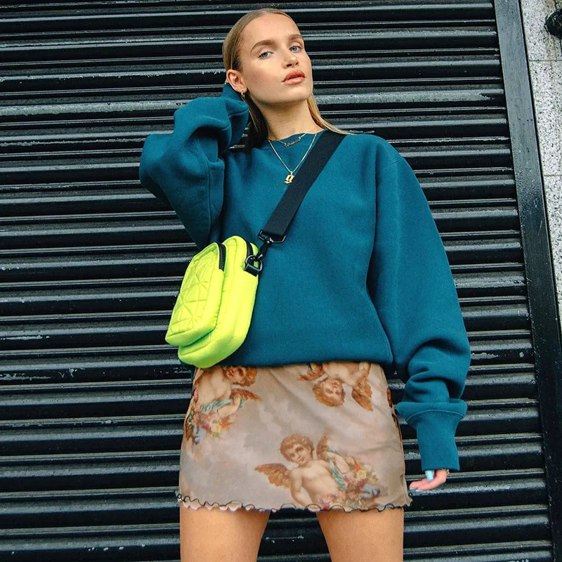 

Summer Skirt Harajuku Angel Print Mesh Patchwork Double Layer Cute Skirts Womens Elastic High Waist Wild street trend hip skirt