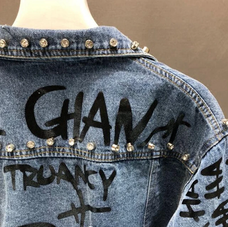 Graffiti Print Denim coat Punk Rock Jeans jacket 2021 New Autumn Rivet Hip Hop Holes Coat Big Size Coats High Waist LT556S50 | Женская