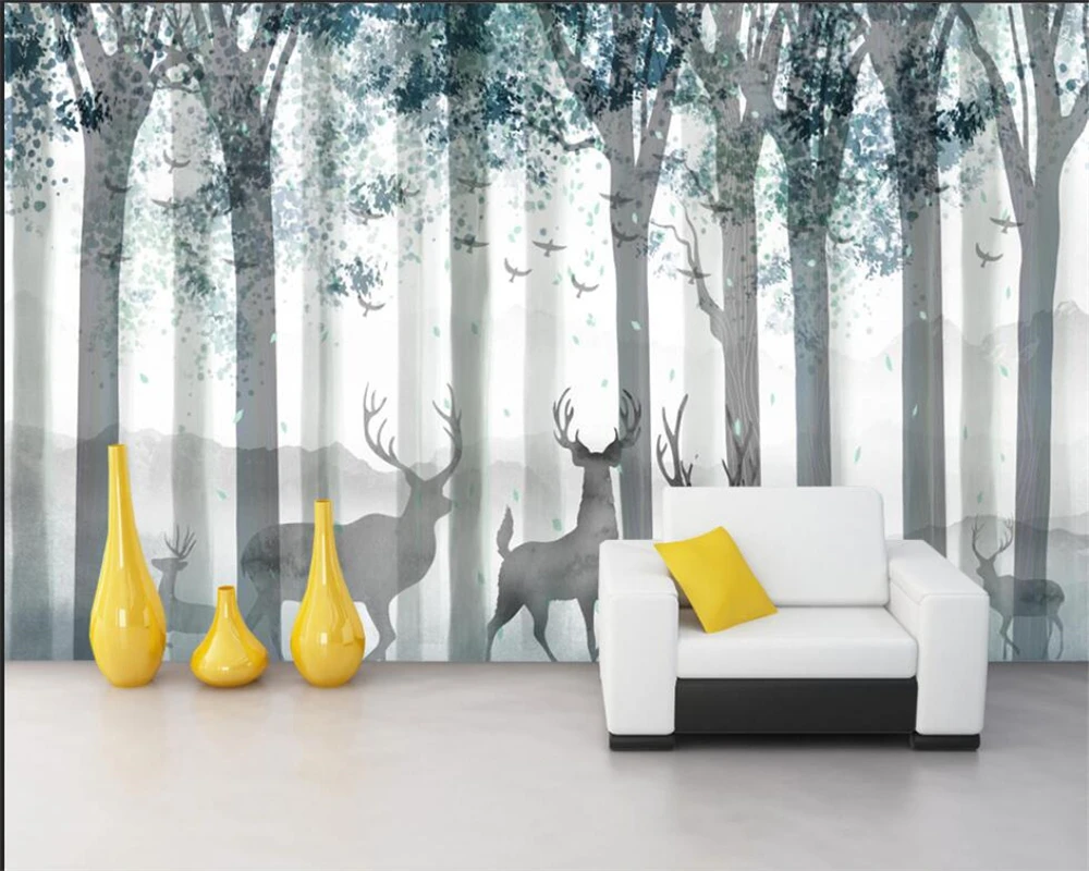 

3d обои на заказ, в современном минималистском стиле, ручная роспись, свежий лес, лось, скандинавский диван, ТВ-фон, Настенные обои