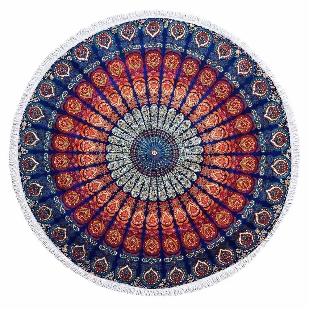 Красный круглый гобелен с кисточками настенный мандалой индийский хлопковый