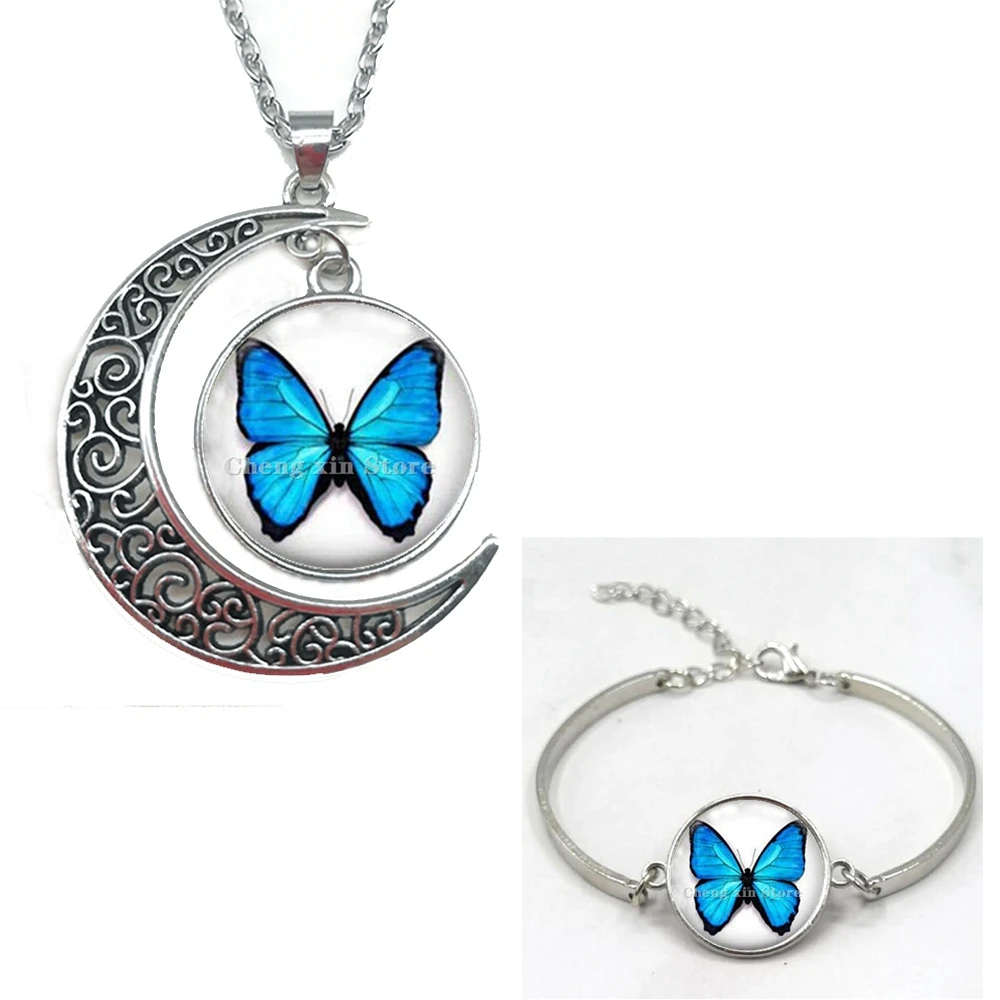 Ожерелье и браслет со стеклянным кабошоном изображением бабочки