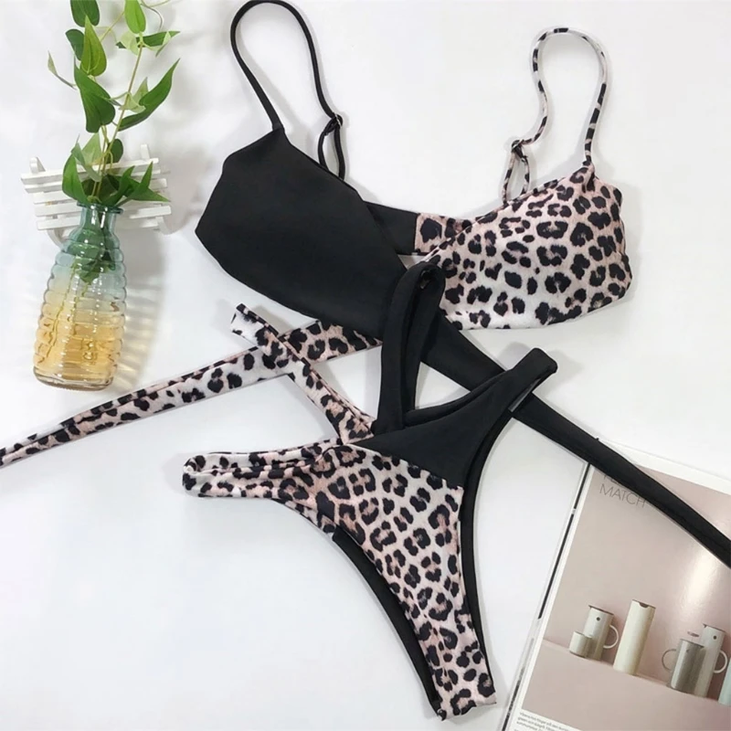 

Women Sexy 2pcs Brazilian Bikini Leopard Snakeskin Print High Waisted Swimsuit L41B