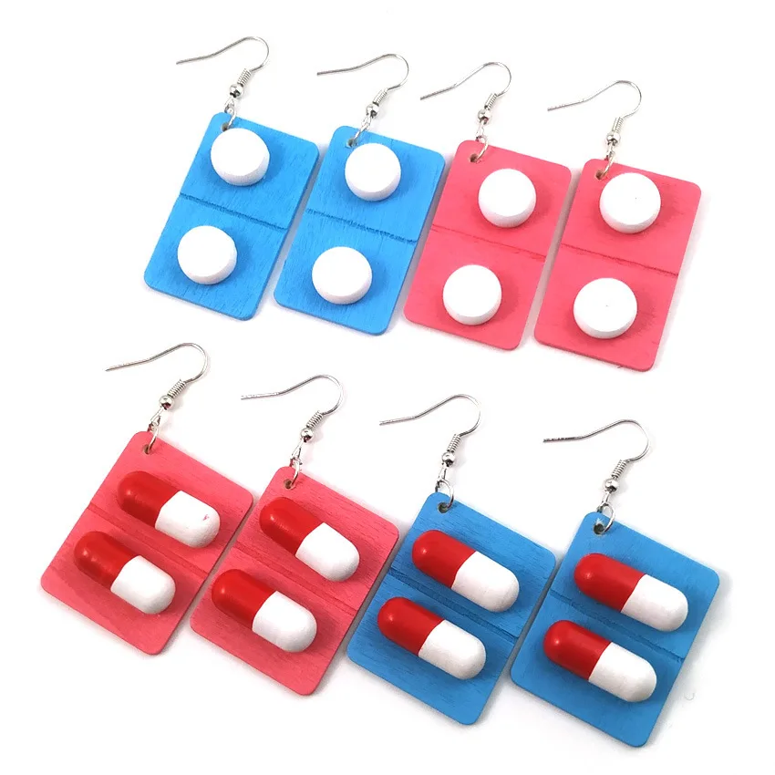 

New Creative Symmetric Building Wooden Capsule Lovely Pills Medicine Beads Crafts Dangle Earrings for Women Free Shipping