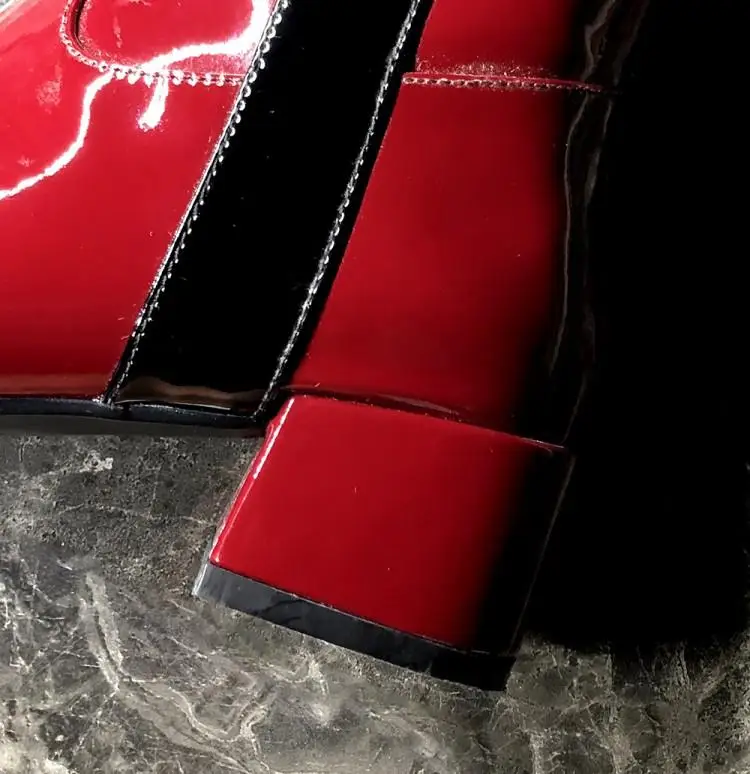 Buono Scarpe/женские высокие сапоги из лакированной кожи; брендовая Дизайнерская обувь на массивном каблуке; Разноцветные сапоги с острым носком; женская обувь; Большой размер 42