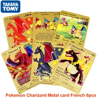 6 pcs pokemon francaise metal charizard cards display pok%c3%a9mon playing game v vmax card french collection gold carte kids toys