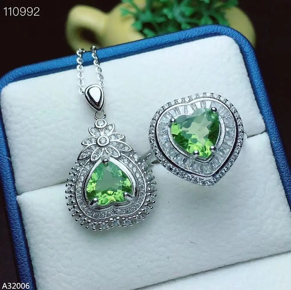 

jewelry 925 sterling silver natural peridot gemstone girl pendant ring heart word new fashion explosion models support detection