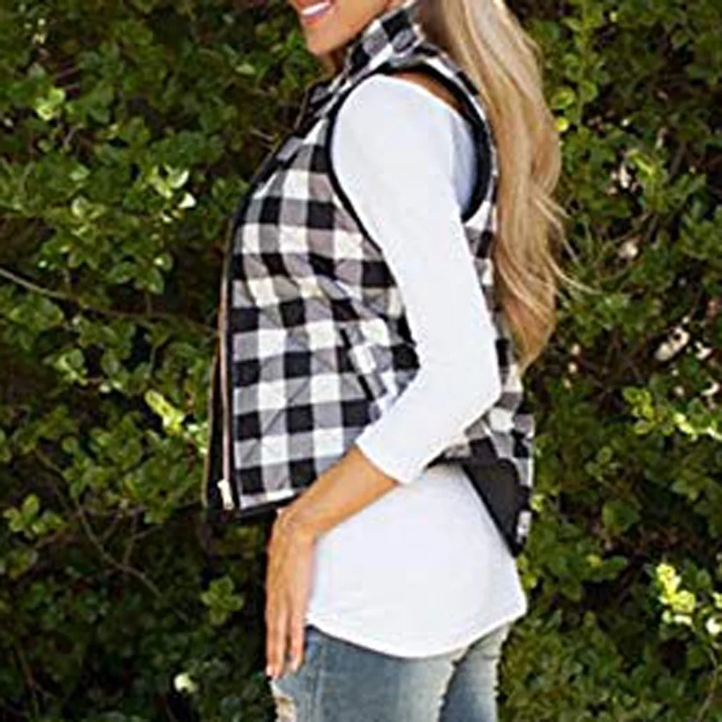 Клетчатая верхняя одежда Жилеты для женщин открытая спереди цветная с отворотом