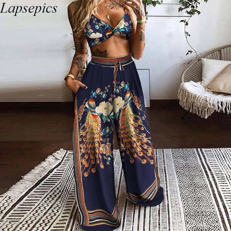 

Female Fashion Pants Set Elegant Print 2 Piece Sets Summer Women Sexy Sleeveless Bandage Crop Tops And Wide Leg Pants Suits