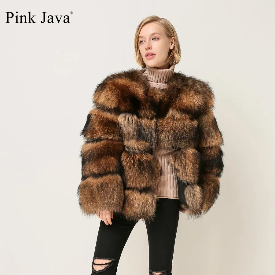 Розовое JAVA QC1874 Новое поступление женское зимнее пальто из натурального меха енота пушистое горячая распродажа меховое платье