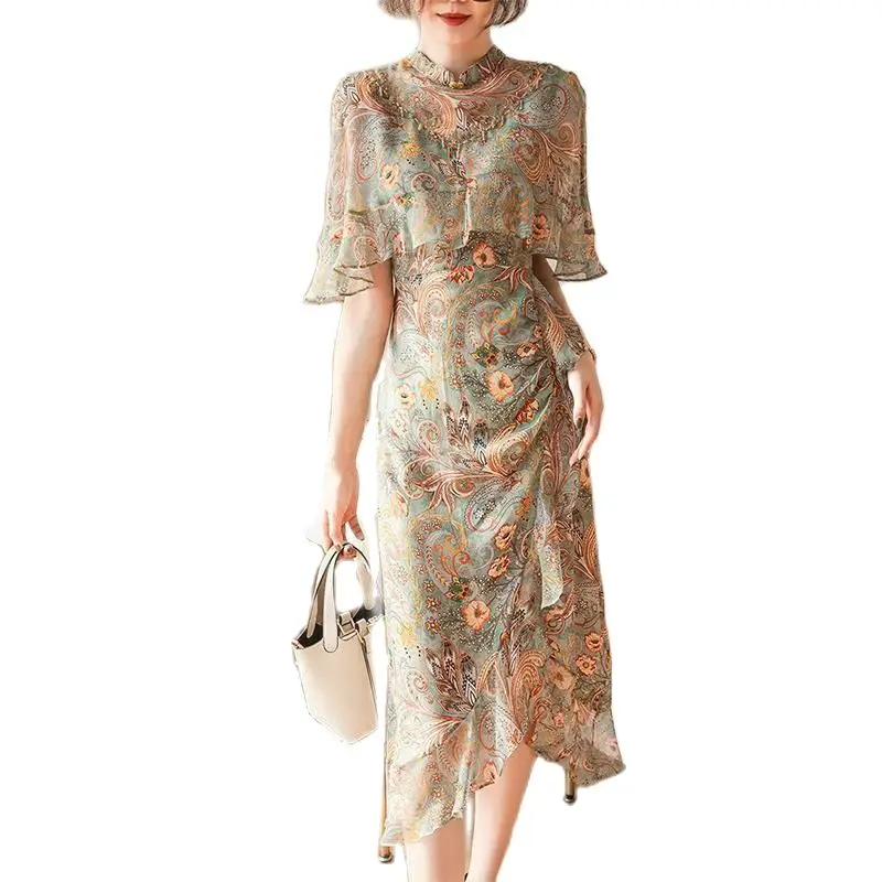 

Temperament silk dress 2021 summer new fashion shawl cape ruffled fold slim cheongsam dress