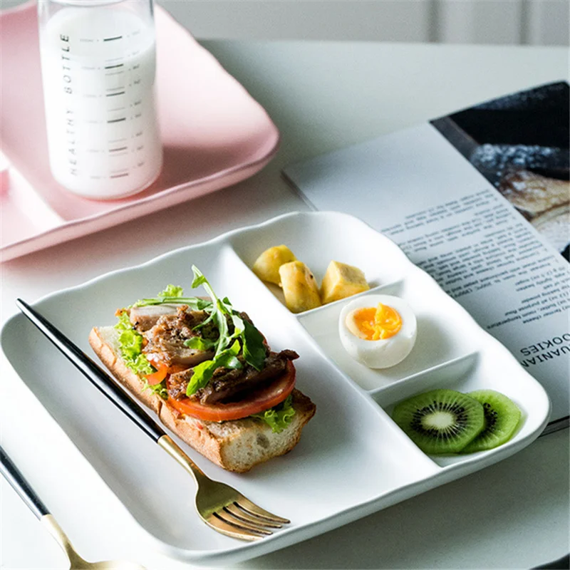 

Solid Square Ceramic Plate Children Feeding Tableware Lattice Porcelain Dinner Plate Salad Fruit Dish Tray Snack Dishes Plate