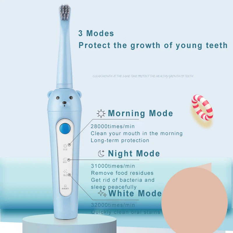 

BOORUI Electric Toothbrush for Children with 3 Heads Sonic Toothbrush Kids Ultrasonic USB Rechargeable Kids Tooth Brush