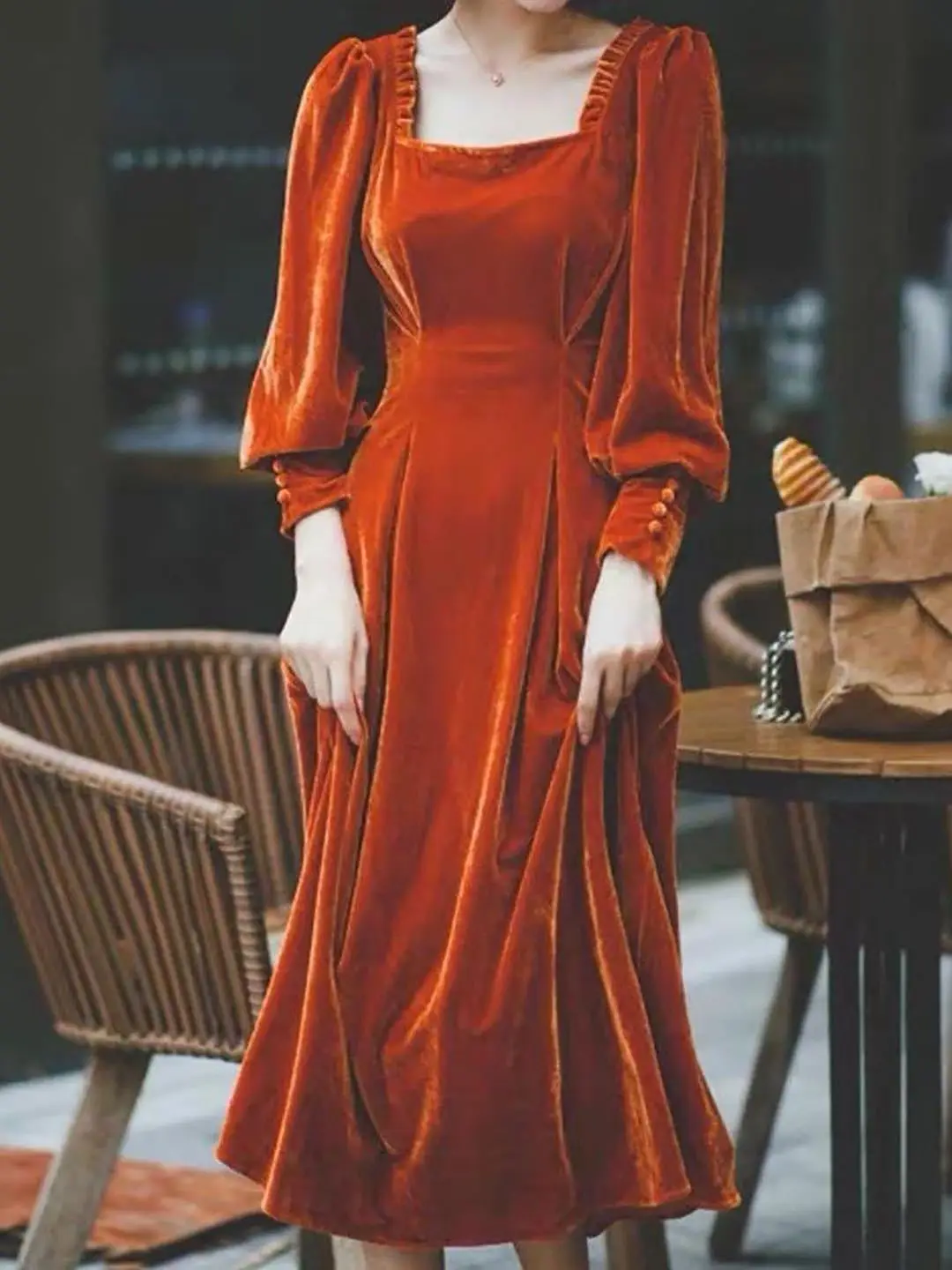 

French Retro Dress with Long Square Collar and Base Velvet Spring and Autumn Solid Color Long Sleeve Long Skirt Streetwear