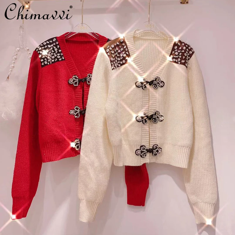 

Women's Sweater 2022 New Winter Clothes Fashion Sweet Design Heavy Rhinestone Long-sleeve Retro Buckle Cardigan Coat All-match