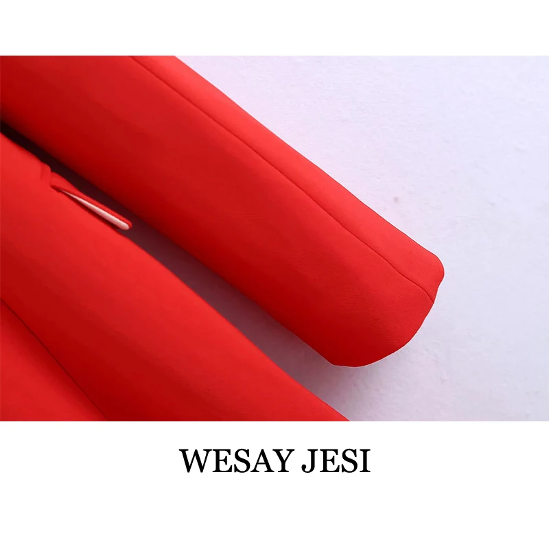 

WESAY JESI Za Summer Fashion Women's Jacket 2021 Long Double-Breasted Red Blazer Vintage Long Sleeve Pocket Coat Office Lady