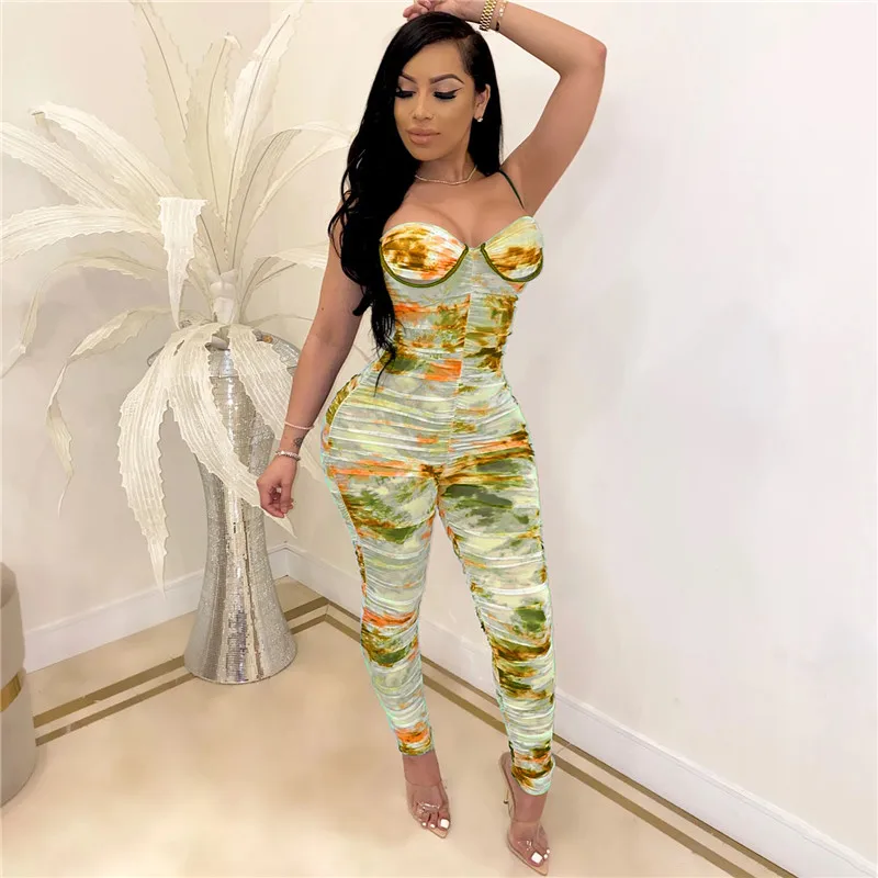 

Sheer Mesh Tie-dye Print Stacked Jumpsuits For Women Spaghetti Strap Sleeveless Pencil Romper Casual Backless One Piece Overalls