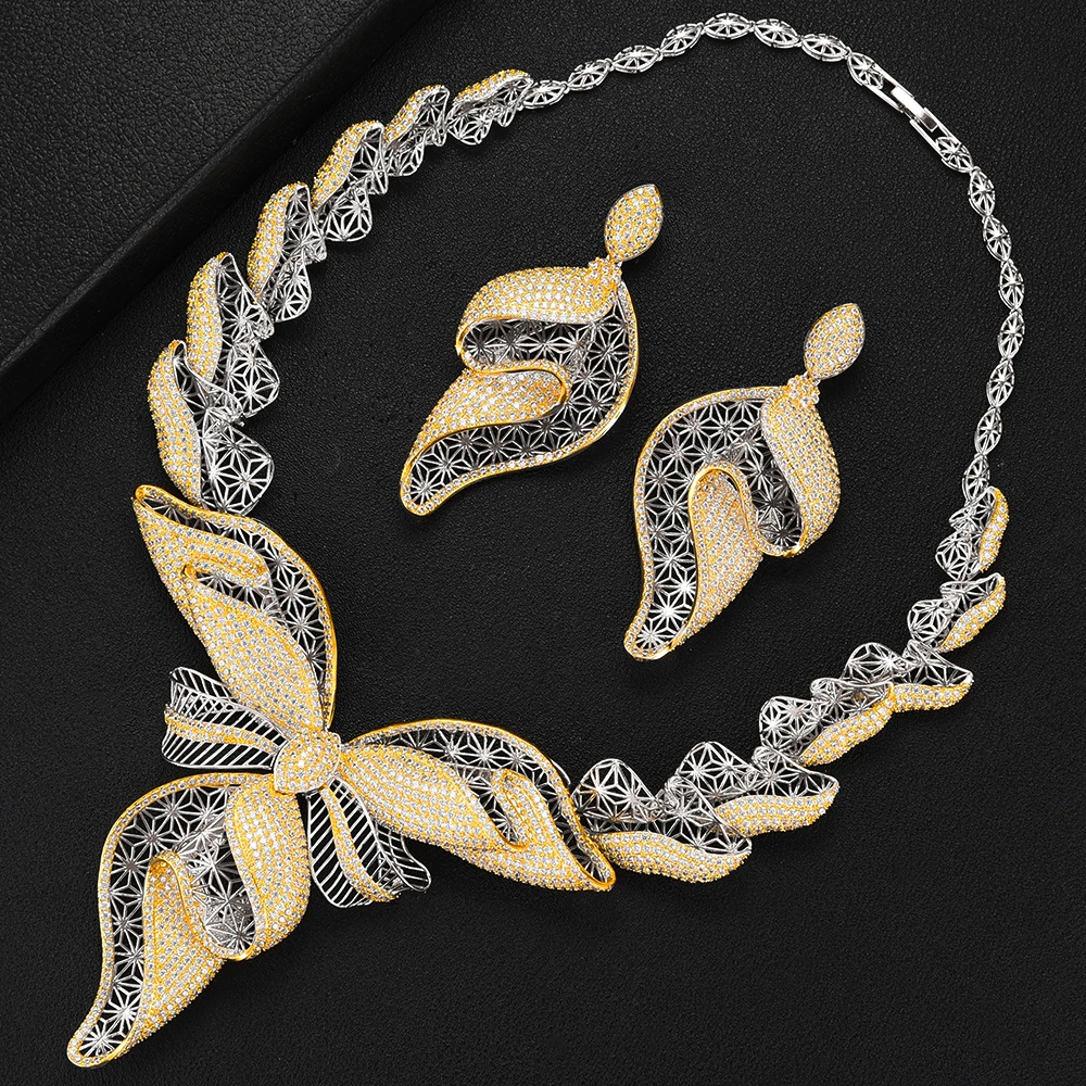 vender Kellybola 4 Pçs Conjuntos De Jóias De Casamento Feminino Quente Luxo Bowknot Flores Zirconia Cúbica Gargantilha Colar Brinco Dubai Conjuntos De Jóias