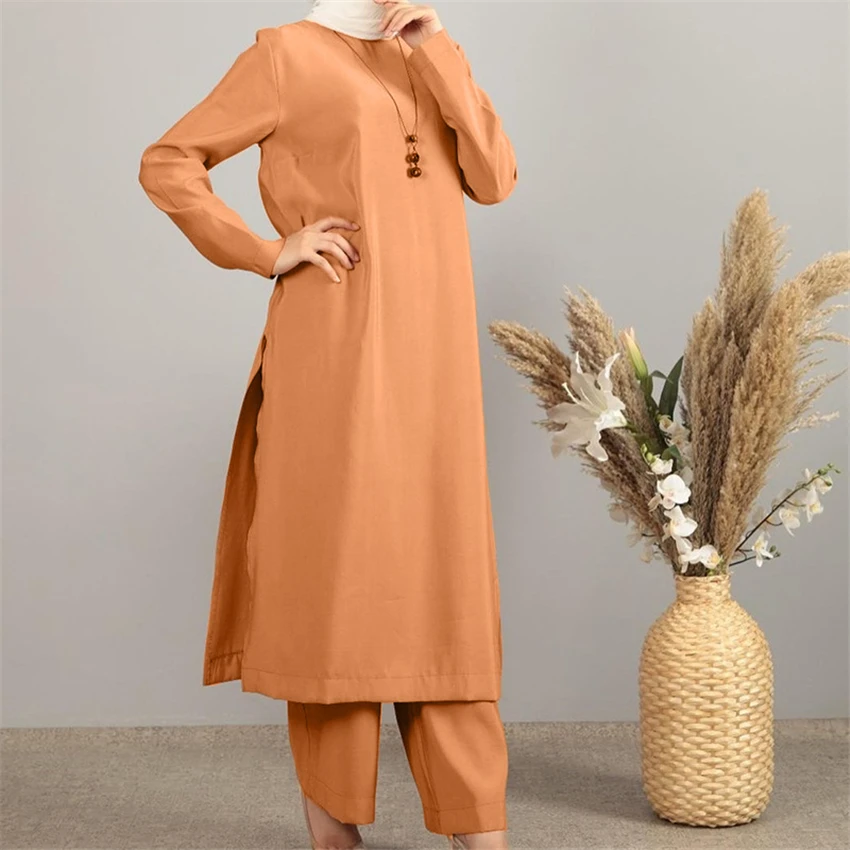 

Modest Clothing Turkish Dresses Dubai Abaya Turkey Women Muslim Suit Eid Ramadan Pure Color Full Coverage Modern Lady Dress