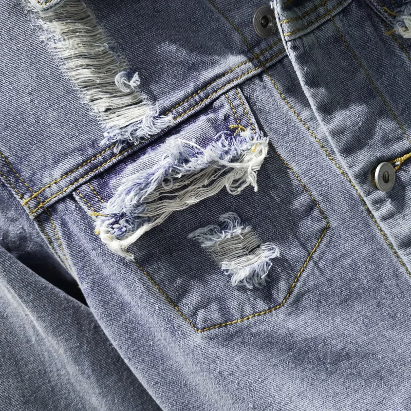 

2020 Men's Trendy and Casual Loose Hole Denim Jacket Youth Fashion Plain Denim Jacket