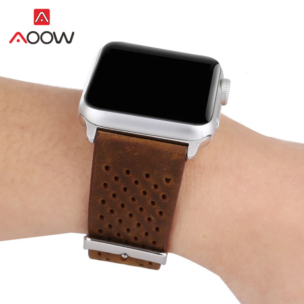 Ремешок для часов из натуральной кожи для Apple Watch, 38 мм, 42 мм, дышащий ремешок для мужчин и женщин, ремешок для iwatch 1, 2, 3, 4