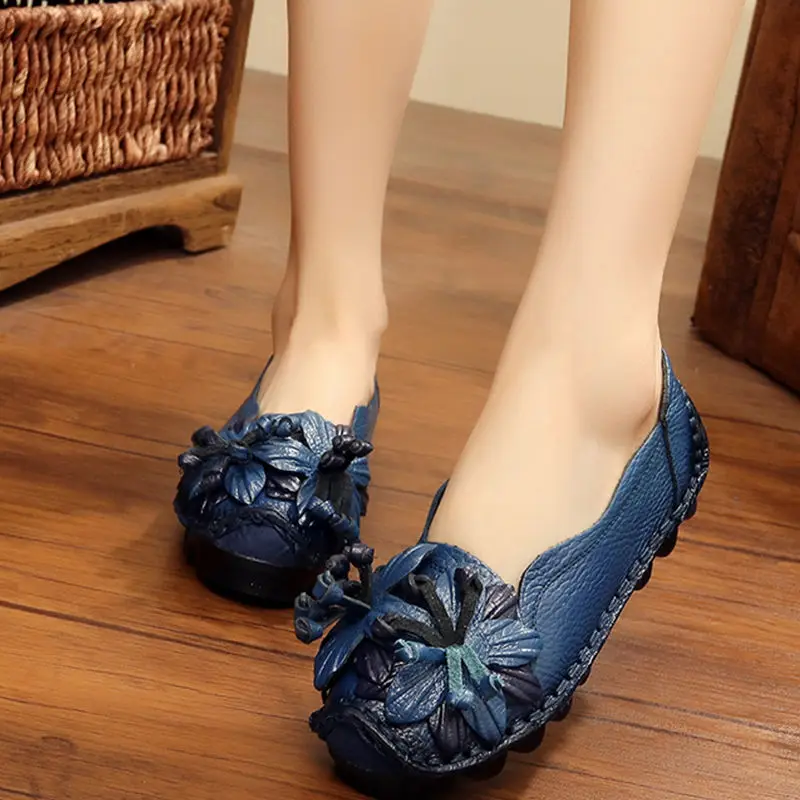 

Size 35-42 Genuine Leather Summer Flats Women Soft Slip-On Flat Shoes Black Red Floral Mom Loafers Moccasin Lady Designer Shoes
