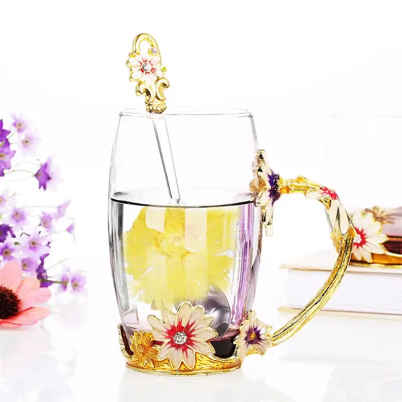 

1 Set Enamel Flower Handgrip Tea Cup Glass Mug Thickened Glass Water Cup