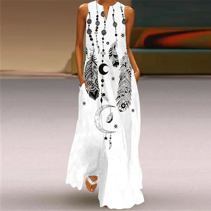 

Summer 2021 European and American Printed V-neck Sleeveless Long Dress S-5XL Fashion Women's Sexy Digital Pocket