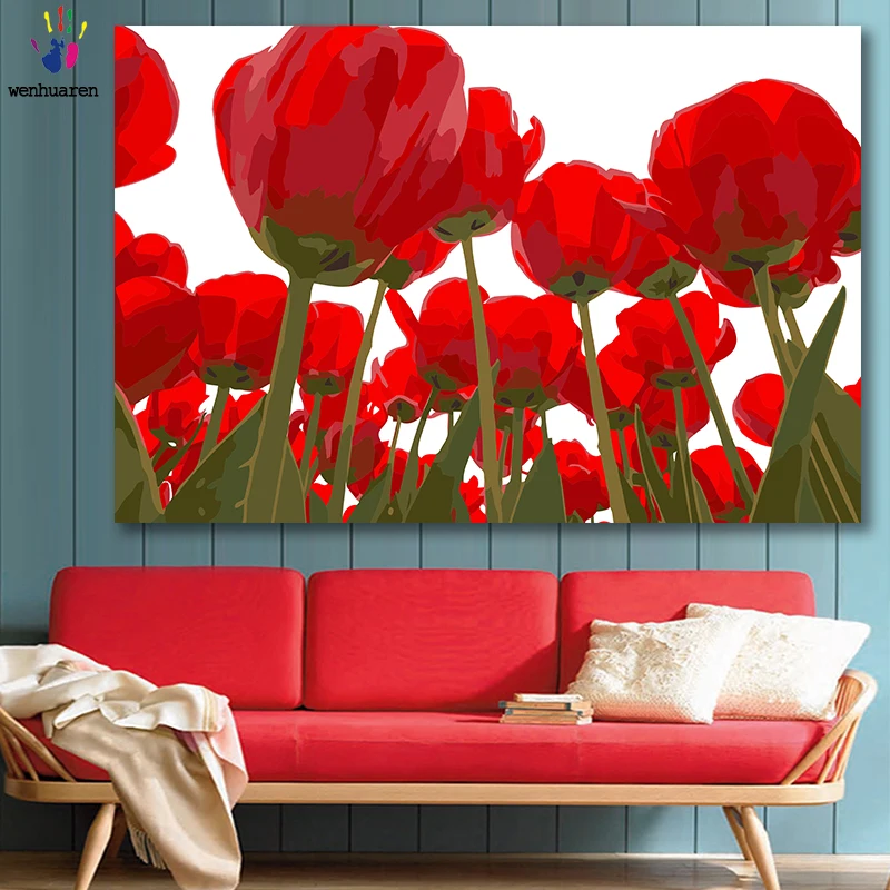 DIY картинки для раскраски по номерам с цветами тюльпан красный цветок море