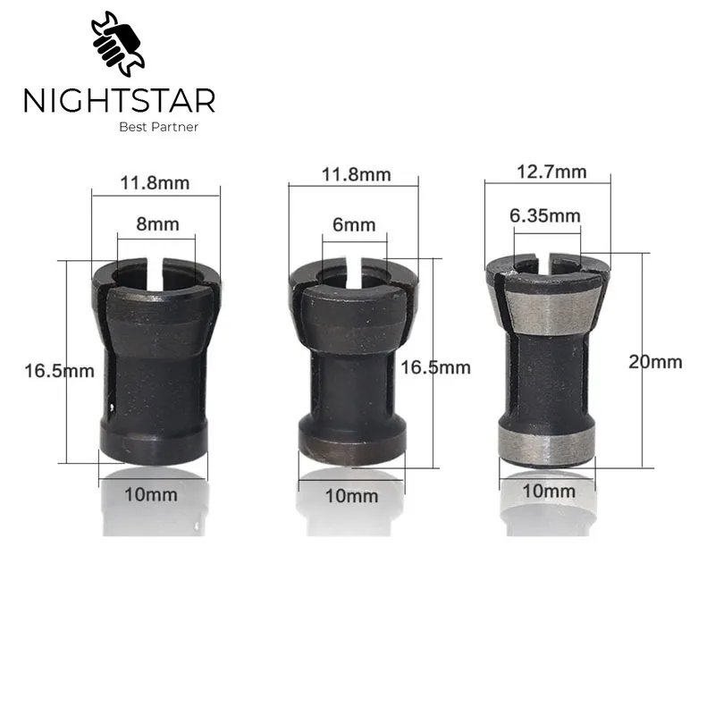 

Krachtige 3Pcs Milling Collet Chuck Precision Adapter Conversion Chuck Woodworking Milling Trimming Cutter Chucks 6mm 6.35mm 8mm