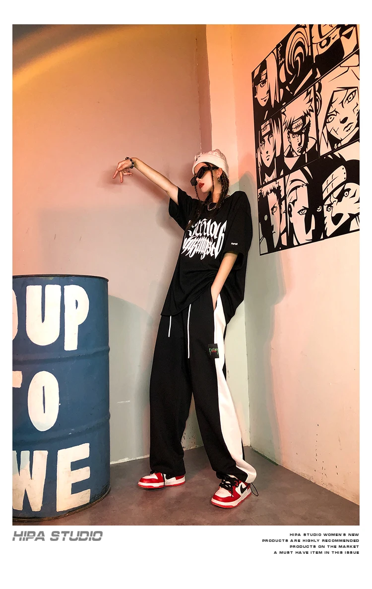 Hip Hop Style Women Black Trousers Harajuku Patchwork Straight High Waist Streetwear Loose Casual Vintage Fashion Pants Korean