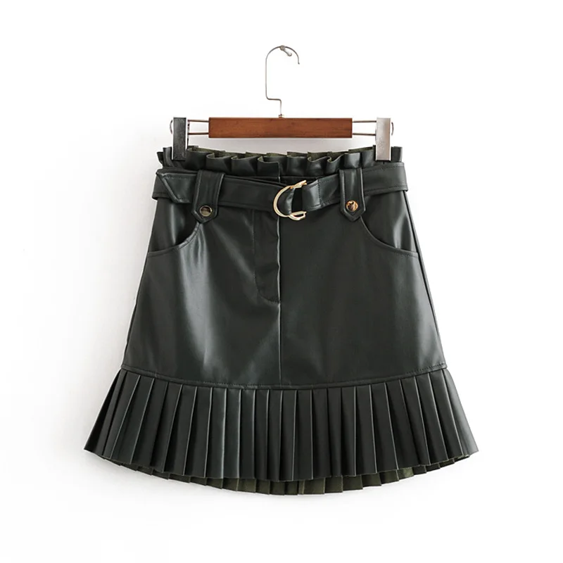 

Stylish Chic Green Leather Skirts with Belt Women Fashion Casual PU Leather Skirt Elegant Ladies Pleated Mini Skirts