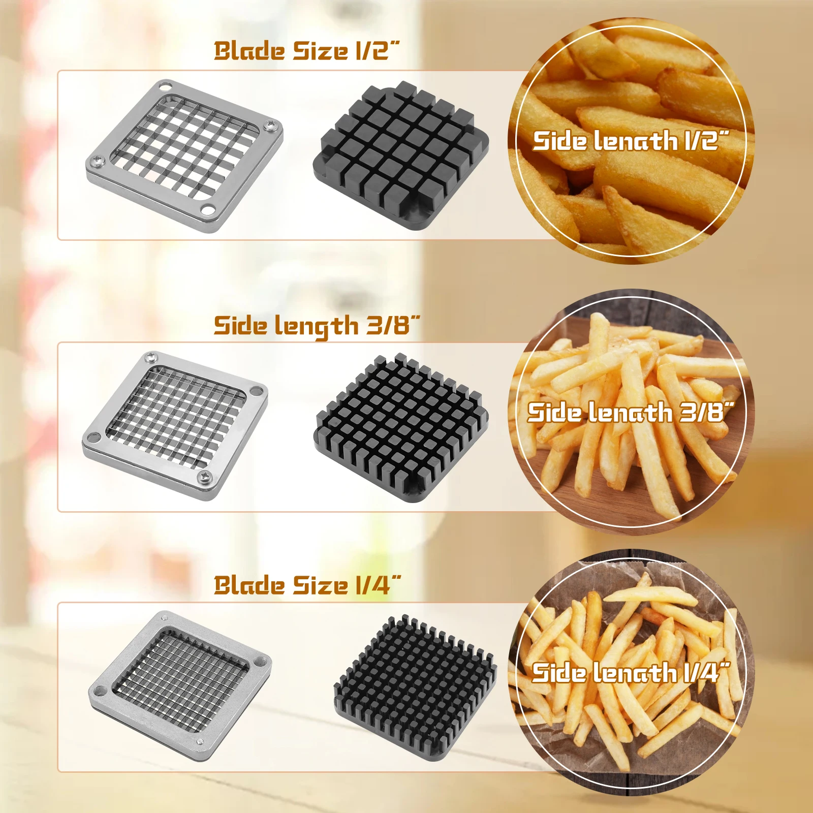 Cortador comercial de patatas fritas, rebanador de frutas y verduras con 3 cuchillas de acero inoxidable-cortador de patatas fritas de 1/4 "1/2" 3/8"-4